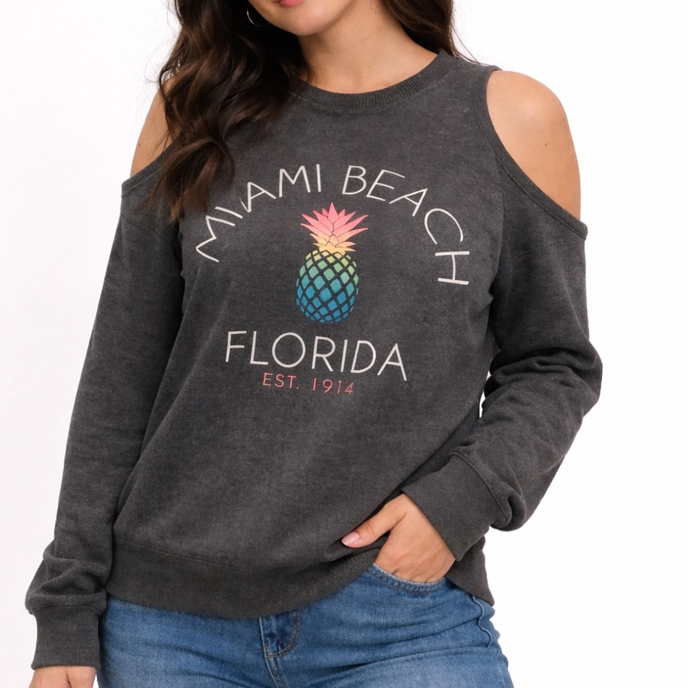 Miami Beach Graphic Cold-Shoulder Sweater - Charcoal